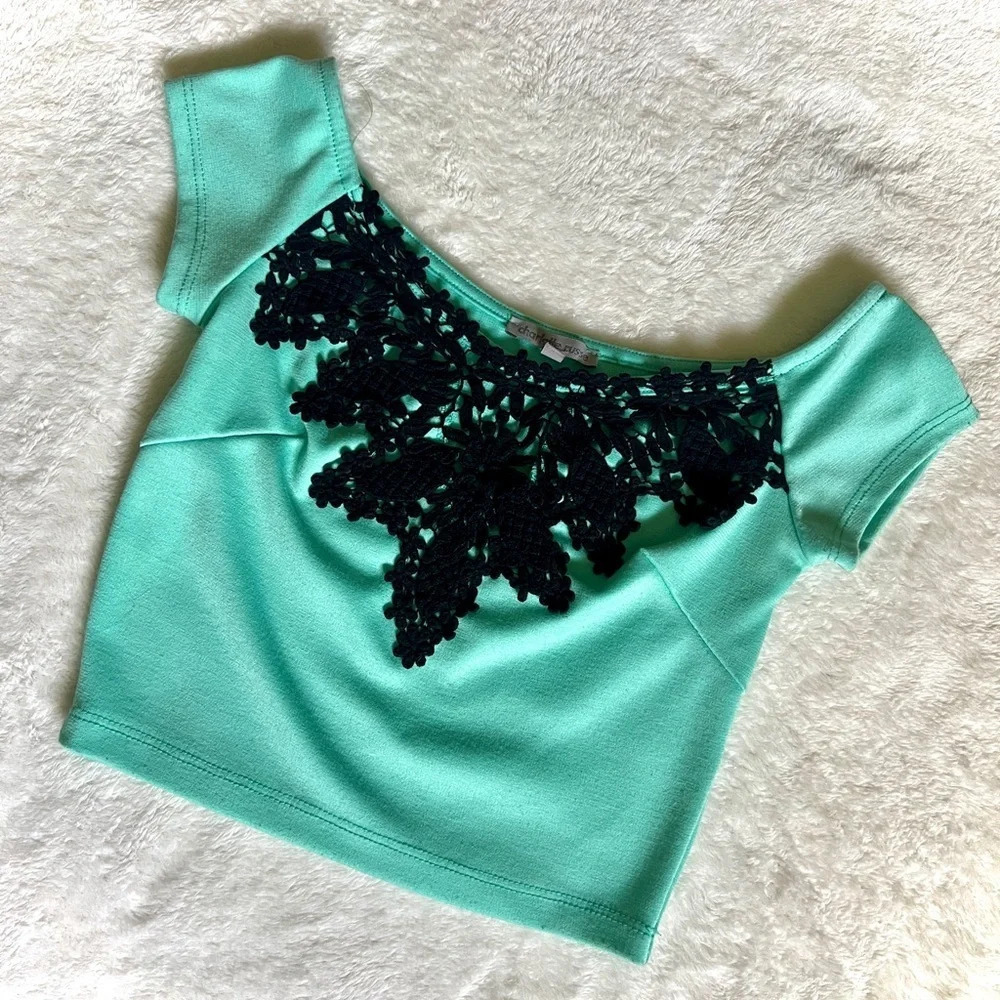Charlotte Russe Off Shoulder Lace Aqua Crop Top - Small